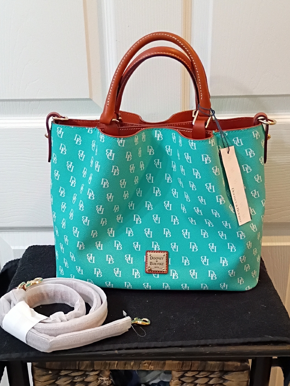 Dooney & Bourke Sea Foam Brenna Gretta Signature Tote with Brown Leather Trim